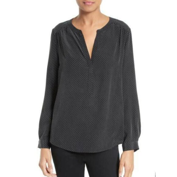 Joie Polka Dot Silk Blouse Womens XXS Black VNeck Long-Sleeve Carita Top Relaxed - Picture 8 of 9